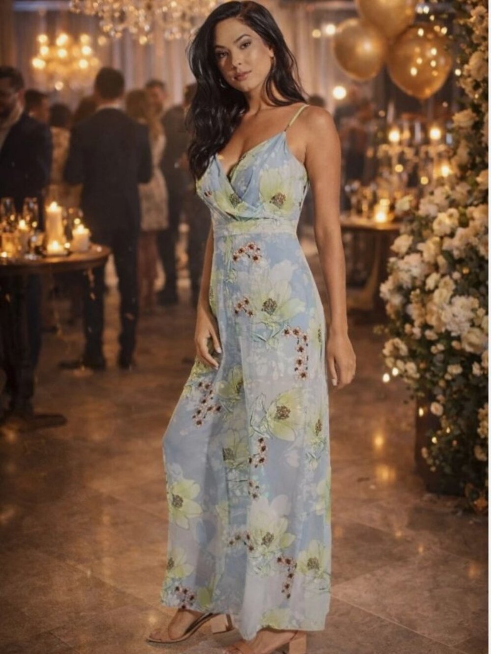 GUESS Floral Wide Leg Jumpsuit Blue Open Back Sleeveless Size 4